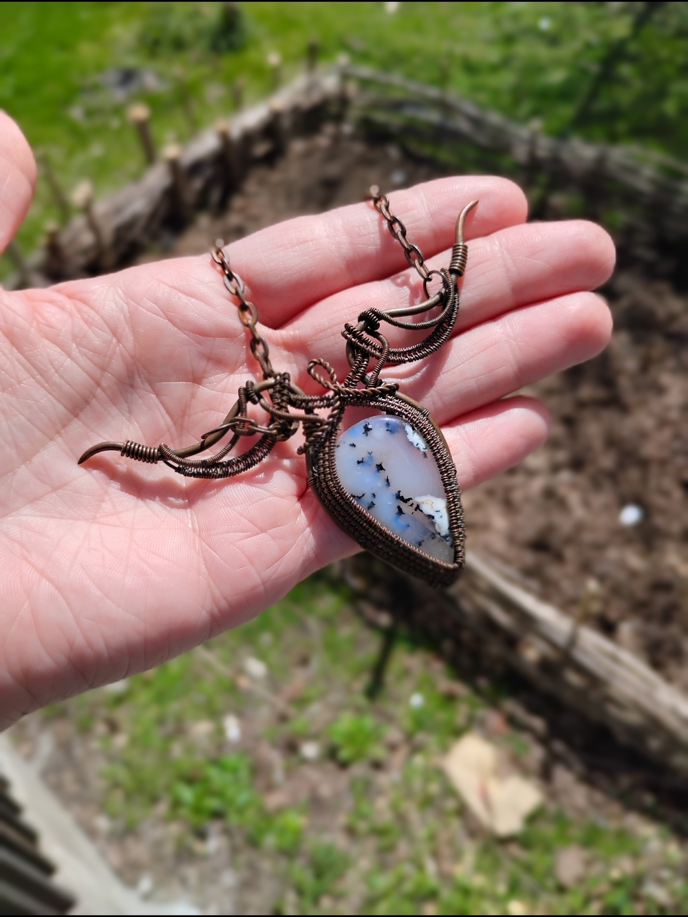 Handmade Pink Dendritic Agate Copper Wire Wrapped Necklace | Boho Cottagecore